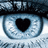 A pixelated eye with a heart-shaped pupil surrounded by blue and white iris details, paired with pink text on a light background.