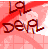Pixelated image with red and pink background showing stylized text and a character with blonde hair, red dress, and red tail.