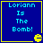 Four identical blue square with yellow borders display cyan text "Loriann Is The Bomb!" and a yellow Pac-Man icon in the bottom-right corner of each