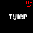 Red pixelated heart symbol above two identical white text 'TYLER' on black background.
