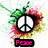 Pixelated icon with peace symbol, colorful splatter, hearts, and text overlays including 'Peace' and 'Love'.