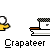 Animated pixel art shows a yellow-shirted figure with white head interacting with a brown-and-white structure, transitioning from standing to falling into brown particles. The text "Crapateer" appears below each frame.