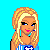 Pixel art of a blonde woman in blue and white cheerleading attire standing on blue blocks, with partial torso view above.
