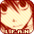 Pixelated circular icon with red border and diagonal striped pattern, featuring central light beige area with white checkered lines and bottom text reading 'LFAN'.