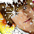 Pixelated close-up of a person with brown hair and light skin, wearing white clothing against a yellow-orange background.