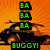 Pixelated image with orange gradient background, three green 'BA' text blocks above a dark figure holding an object and the word 'BUGGY!' in green.