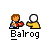 Pixel art animation of two figures interacting with a white sphere, one figure in blue shirt and red gloves, the other in yellow shirt, all labeled 'Balrog' below.