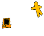 Animated sequence showing yellow stick figures interacting with a computer monitor, transitioning from single figure to group holding hands around the monitor while blue stars appear.