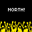 Pixelated text 'NORTH!' appears twice on a black background above yellow pixelated shapes resembling flames or explosions.