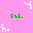 Pink background with green text 'Emily' and white pixelated square patterns in multiple orientations.