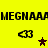 Yellow background with black pixelated text "MEGNAAA" repeated twice, two pairs of black arrow icons, and alternating red/brown star icons.