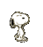 Pixelated cartoon dog with white body and black ears in six distinct poses against gray background, showing varied expressions and limb positions.