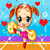 Pixelated animated contact sheet showing two frames of a cheerleader character with pigtails, pink outfit, and yellow pom-poms against a blue background with red hearts.