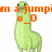 Pixelated green llama-like creature with black eyes and orange text reading 'am a jumpi' above it, set against white background.