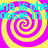 A static image with four yellow and magenta spiral patterns arranged in a , overlaid with cyan text reading "na is the na is the" and "ooie in looie in"