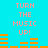 Pixelated cyan background with repeated pink text and orange audio waveforms in a