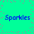 Cyan background with scattered pink dots and four instances of blue text reading "Sparkles" arranged in a pattern