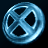A circular blue icon with a stylized X symbol formed by four black triangular cutouts against a dark background.