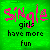 A 4x3 contact sheet of a green animated buddy icon showing variations of the text "Single girls have more fun" with pink and black lettering, stars, and pixelated effects across 12 frames.