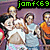 Pixelated image of four figures in a group pose with green text 'jamf<69' at top against purple background.