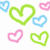 Six pixelated heart shapes in blue, green, and pink arranged on a white background with no text or additional elements.