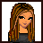 Pixel art contact sheet showing six frames of an animated AIM buddy icon featuring a cartoon woman with long brown hair, black top, white shorts, and orange tiger-striped legs, alongside three variations of the word "cutie" in different styles.