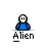 Animated contact sheet of 14 pixel-art alien buddy icons with varying poses, colors, and effects on a gray background.