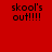 Four display 'skool's out!!!!' text in pixelated font on red, pink, white, and light pink backgrounds