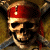 Pixelated skull wearing red bandana with white dot, set against dark brown and gold background with visible crossbones.