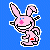 Pink bunny with blue eyes and red cheeks holds a white cup, standing on a solid blue background beneath pink text reading 'Kiss', 'my', and 'butt' in sequence.