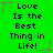 Green background with black text reading "Love Is the Best Thing in Life!" repeated three times horizontally, surrounded by pink and gray star-shaped pixel decorations.