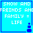 Four identical blue square with white text "SHOW AND FRIENDS AND FAMILY = LIFE" and a small blue pixelated figure on the right side of each