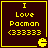Four identical dark brown square with yellow borders display "I Love Pacman <333333" text and a Pac-Man character icon in the bottom-right corner