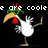 Pixelated white bird with orange beak and red comb stands on one leg, holding green plant in beak against black background.