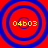 Four identical circular icons with red and blue concentric rings display yellow text '04b03' at center on a solid red background.