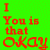 Green background with red text reading "I You is that okay" repeated, featuring a pixelated heart symbol in two states: open outline and filled solid.