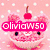 Pixelated pink cupcake with cherry on top, smiling face, and 'oliviaw50' text overlay on pink polka-dot background.