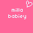 Pixelated pink background with white text and a heart symbol, showing two identical side-by-side arrangements of 'milla babiey' below the heart.