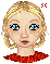 Pixelated cartoon avatar with blonde braided hair, blue eyes, and red patterned top showing multiple facial expressions.