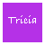 Purple square icon with white text 'Trícia' and animated pixel symbols below the text, transitioning from dots to curved lines to hearts.