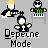 Pixel art of three figures playing instruments with 'Depeche Mode' text below, on a gray background.