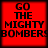 Red square icon with black text reading 'GO THE MIGHTY BOMBERS' in pixelated font, displayed as a of four identical