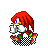Pixel art character with red spiky hair, white gloves, green shoes, and orange accents walking on a checkered platform.