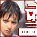 four identical pixelated images showing a person with dark hair and bangs, each bordered by red circuit-like patterns containing text and hearts