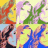 Animated sequence of four distinct color variations showing a stylized character with flowing hair and colorful background elements.
