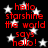 Red text on black background with white stars, repeating 'hello starshine the world says hello!' in pixelated font.