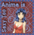 Anime-style character in red dress with blue hair against patterned background, text reads "Anime is Sexy Too".