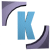 Animated sequence of a blue letter K transforming through pixelated states within curved purple corner elements on white background.