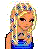 Pixelated cartoon-style contact sheet showing three frames of a beach-themed animated icon with a blonde character in blue swimwear and text labels below each frame.