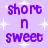 A 48x48 pixel animated contact sheet showing three frames of a purple text-based icon with 'short n sweet' repeated across sparkles on a light purple background, partially cropped by a gray area.